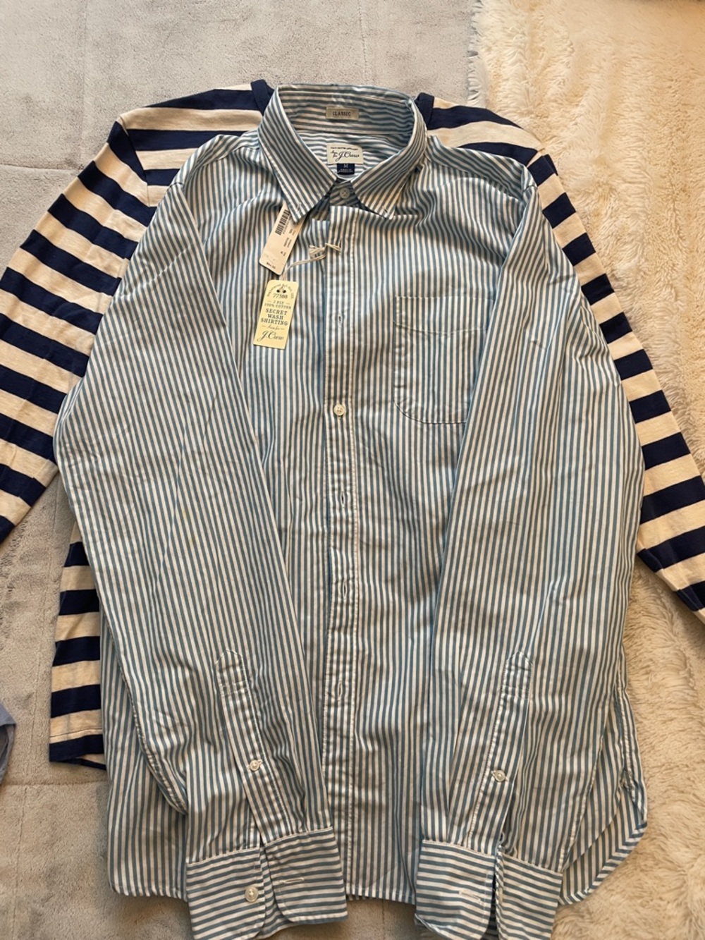 J. Crew Men’s Blue and White Striped Cotton Button-Down Shirt